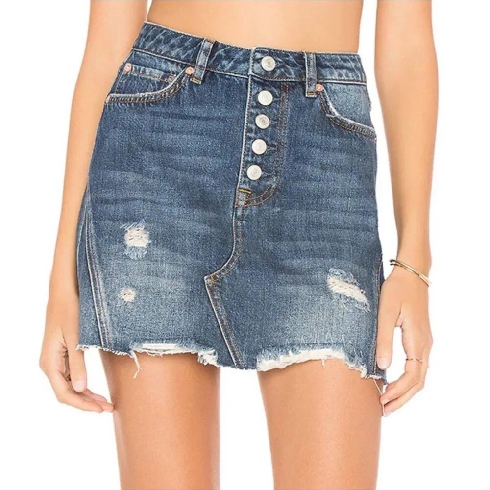 We The Free Harvey Distressed Blue Mini Skirt - Picture 1 of 6